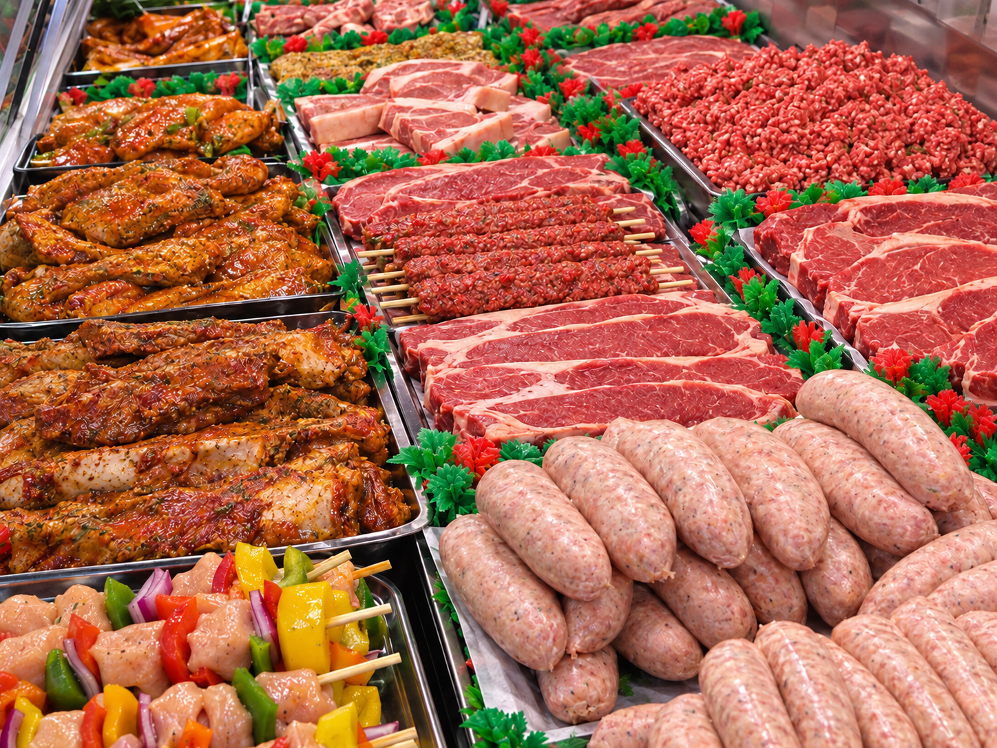 A tray of barbecue cuts including marinated steaks, kebabs, burgers and spare ribs