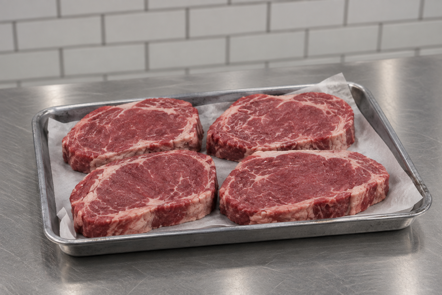 Thick-cut 21-day matured British sirloin and rib steaks on a wooden butcher's block