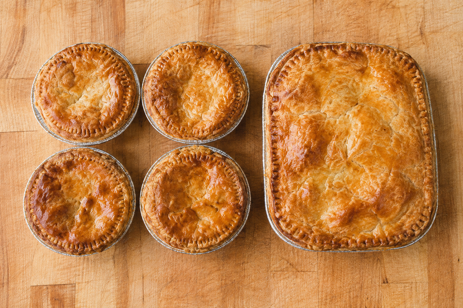Golden home-made pasties and pies fresh from the oven, including the Smallfield pasty