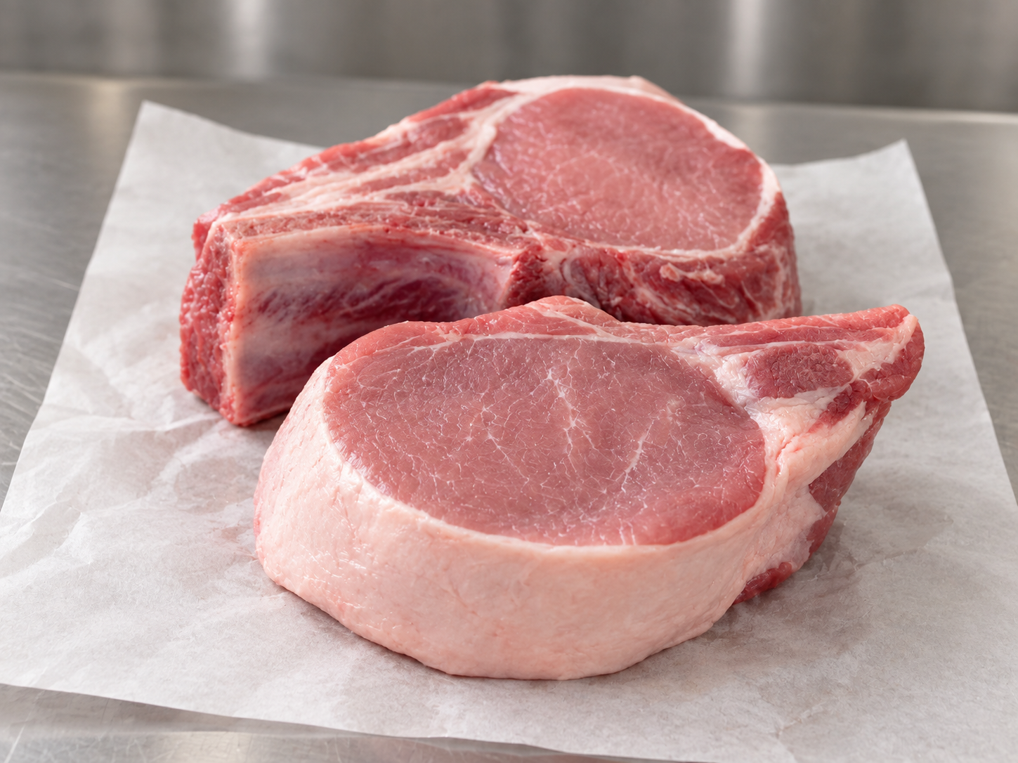 A rolled loin of outdoor-reared pork with scored crackling, tied ready for roasting