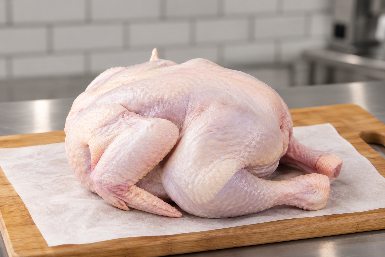 A whole trussed free-range chicken with a duck and a goose on the counter behind