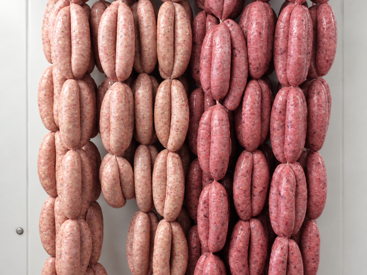 Coils of freshly linked handmade sausages laid out on a butcher's tray